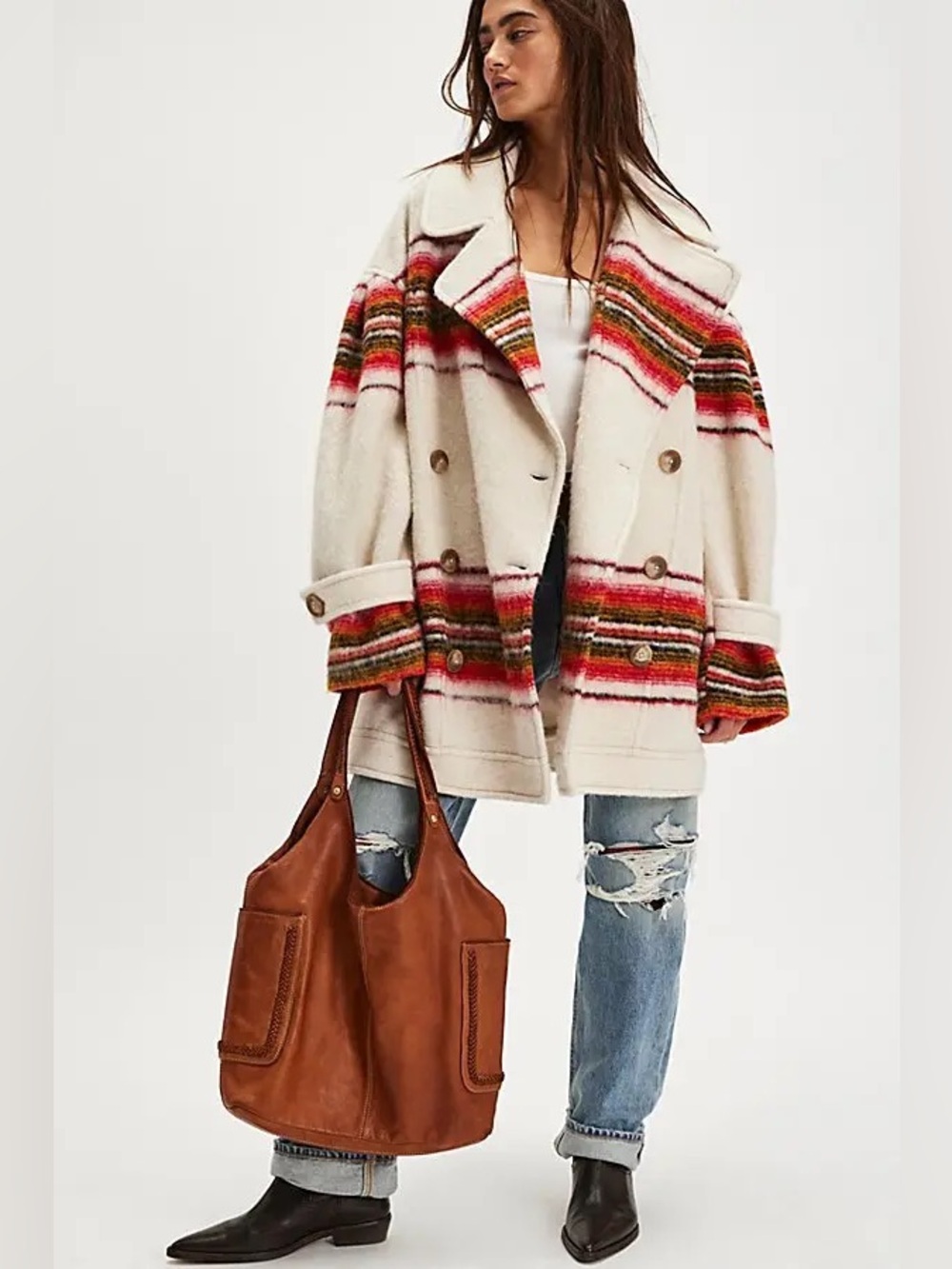 Free People Henri Virgin Wool Stripe multicolor Double Breasted Coat Medium